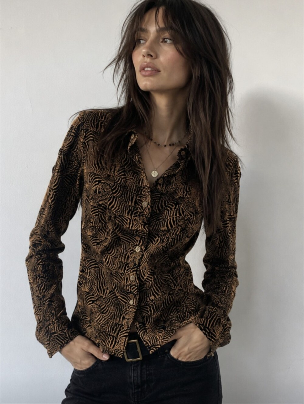 TORY BURCH Brown Gold Buttons Animal Print Zebra Button Down Shirt Size 4